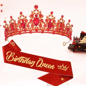 Luxury gold alloy crown with red rhinestones and glitter Birthday Queen sash set