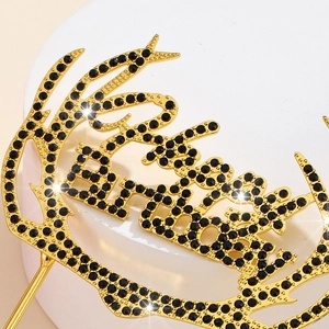Goldener Happy Birthday Kuchendeko-Stecker mit schwarzen Strasssteinen und Metallstab