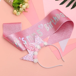 Pink 5th birthday crown headband and glitter sash set for girls party decorations
