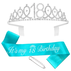 Set 18e anniversaire bleu avec couronne cristal et écharpe en satin avec épingle