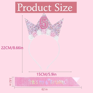 Detailed size guide for 5th birthday pink crown headband and 6th birthday sash set