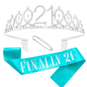 Kit 21e anniversaire avec tiare en strass argentés, écharpe bleue et épingle perle