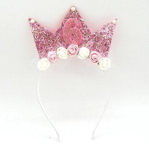 Pink glitter 6th birthday crown headband with roses and pearls for young girls