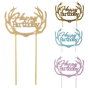 Legierung Strass Happy Birthday Kuchenaufsatz Geweih Design Glänzende Metall Kuchendekoration Für Party Feier Geburtstagszubehör