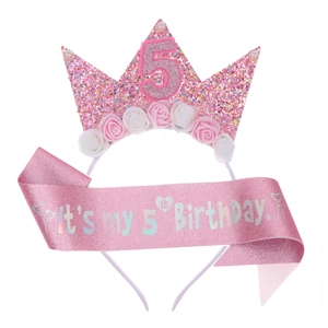 Pink Birthday Party Set For Girls Glitter Sequin Crown Headband And Sash Birthday Celebration Party Favor Accessory