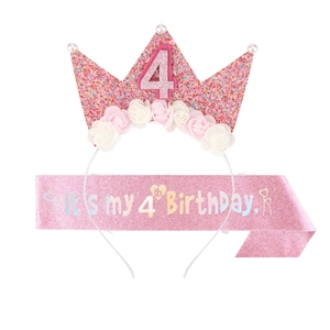 Pink glitter crown headband and sash set for 4th birthday party decoration for girls