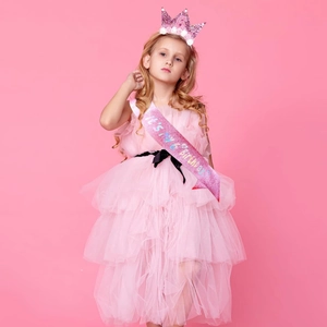 Pink 6th birthday party crown and sash set with glitter finish for girls
