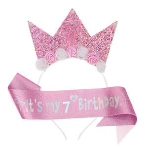 Pink glitter 7th birthday crown headband and sash set for young girls party celebration