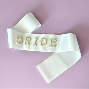 White satin bride sash with elegant pearl lettering for bridal shower and bachelorette party