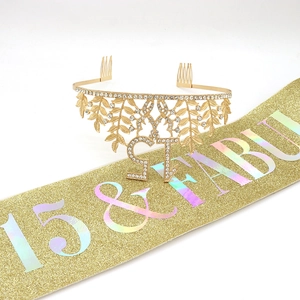 Detail of 21st birthday crown and champagne gold 15 & Fabulous glitter sash set
