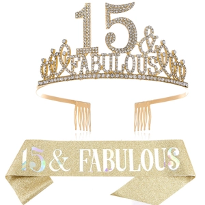 Detailed set of gold 15 and Fabulous birthday tiara and matching glitter sash kit