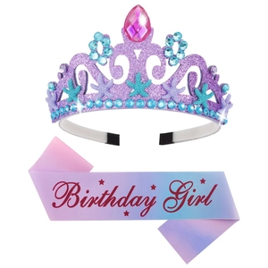 Ensemble Écharpe Et Couronne Anniversaire Sirène Fille Diadème Princesse Pailleté Serre-tête Strass Décorations De Fête Enfants