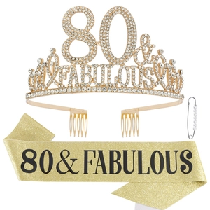 80 & Fabulous birthday crown and champagne glitter sash set with rhinestone numbers