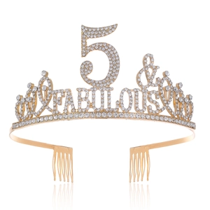 Close-up of golden rhinestone tiara with 5 & Fabulous lettering and side hair combs