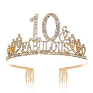 Detailed close-up of 10 & Fabulous gold rhinestone birthday tiara with hair combs