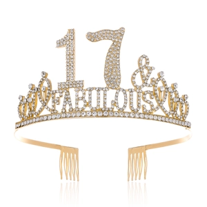 Detail of 17 & FABULOUS gold birthday tiara with sparkling rhinestones and side combs