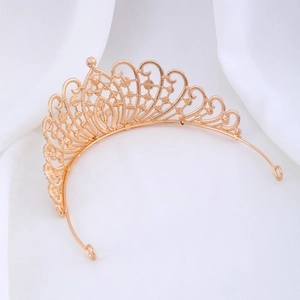 Elegant gold hollow crown tiara with rhinestone floral patterns for wedding and parties