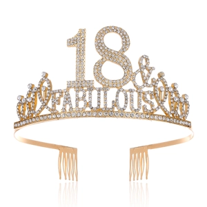 Detail of gold 18 & Fabulous crown with sparkling rhinestones and integrated hair combs