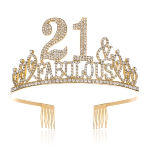 Detail of 21 & FABULOUS gold crown with white rhinestones and side metal hair combs