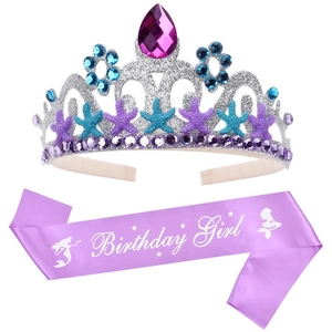 Set d'anniversaire sirène avec couronne scintillante et écharpe pour enfants