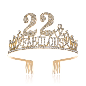 Macro shot of 22 and FABULOUS gold tiara with sparkling rhinestones for birthday party