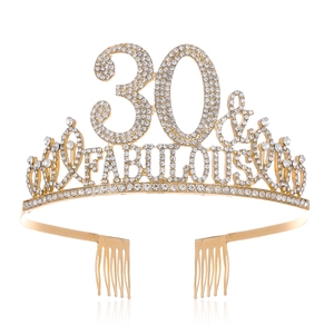 Close-up of golden alloy 30 and Fabulous rhinestone crown for 30th birthday parties