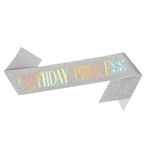 Silver glitter Birthday Princess sash with holographic lettering for girls party decor