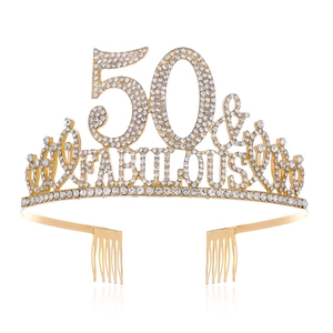 Detail of 50 & Fabulous gold birthday tiara with sparkling rhinestones and side hair combs