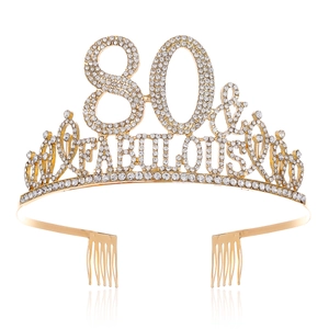 Sparkling gold alloy birthday crown with rhinestones for 80th birthday celebrations