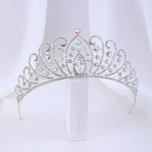Macro detail of silver alloy bridal crown showing intricate rhinestones and AB crystals