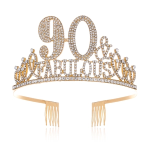 Detailed view of golden 90 and Fabulous birthday tiara with sparkling crystal rhinestones