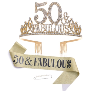 Luxury Gold Rhinestone Birthday Crown And Fabulous Sash Set For Women Milestone Celebration Party Queen Headwear Accessories