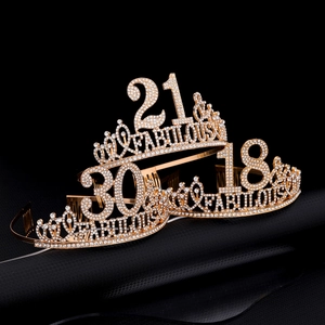 Sparkling crystal 18th 21st and 30th birthday crown tiaras with golden fabulous lettering