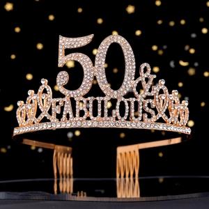 Rose gold 50 and Fabulous rhinestone birthday tiara crown with glittery bokeh background