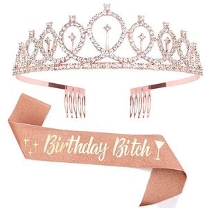 Ensemble écharpe Birthday Bitch rose doré avec diadème brillant pour fête de femme