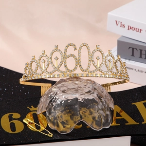 Kit 60 ans avec diadème en strass doré et écharpe noire scintillante pour anniversaire