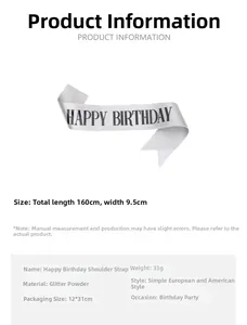 Silver glitter Happy Birthday sash detail showing 160x9.5cm size and black font