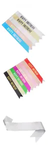 Detailed tile display of colorful glittery Happy Birthday sashes in multiple vibrant shades