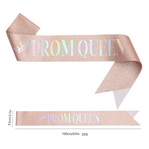 Rose gold glitter Prom Queen sash with laser holographic text and crown icon 160x9.5cm