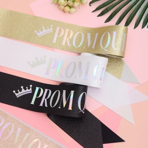 Sparkly Prom Queen sashes in gold, white, black and rose gold with holographic lettering
