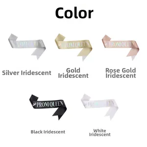 Close-up of PROM QUEEN sashes in five colors with holographic glittering gold foil text