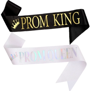 Detail of Prom King and Queen sashes featuring gold lettering and holographic glitter finish