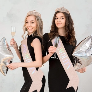 Pink glitter Prom Queen sash and rose gold rhinestone tiara set for formal party event