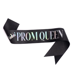 Glittery black Prom Queen sash with iridescent laser lettering and a crown icon