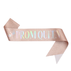 Close-up of rose gold glitter Prom Queen sash with holographic lettering and crown