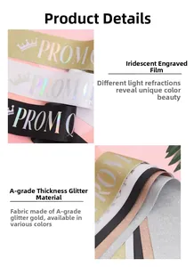 Detail of Prom Queen sash featuring glitter fabric and iridescent holographic lettering