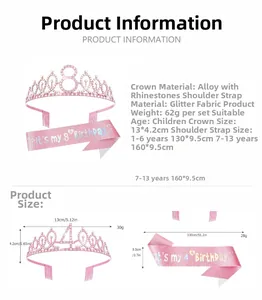 Detailed size chart for girls pink birthday crown and glitter sash with rhinestones