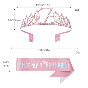 Detail of pink glitter 7th birthday sash and rhinestone crown with dimensions