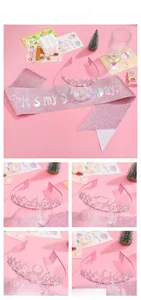 Pink birthday girl set featuring rhinestone crown and sash with 9th birthday text