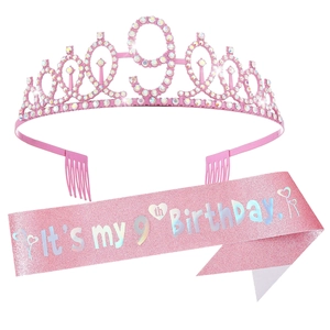 Detail of pink glitter sash and rhinestone crown with number 9 for 9th birthday party